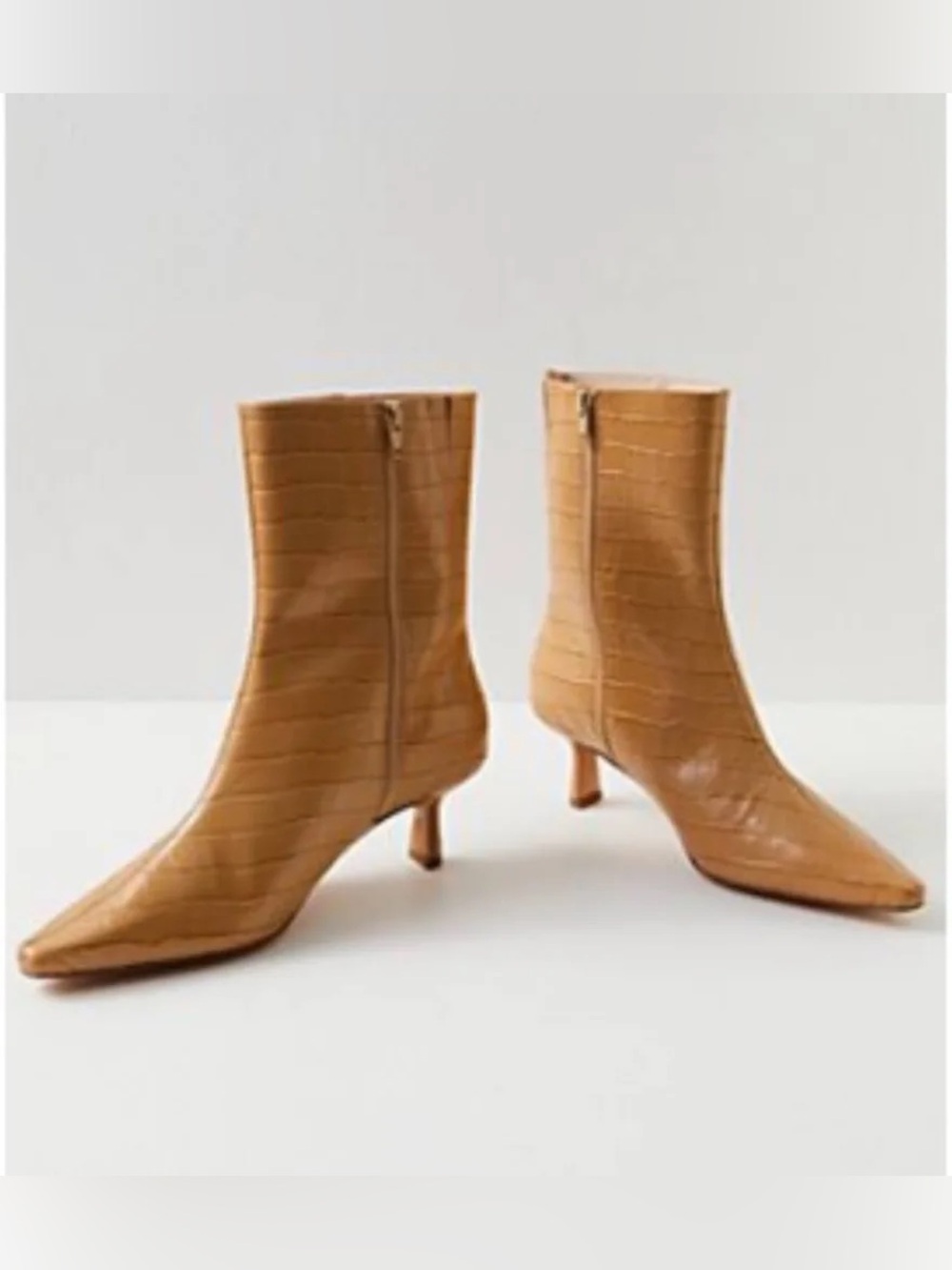 Free People Main Character Tan Croc-Embossed Pointed Kitten Heel Ankle Boots